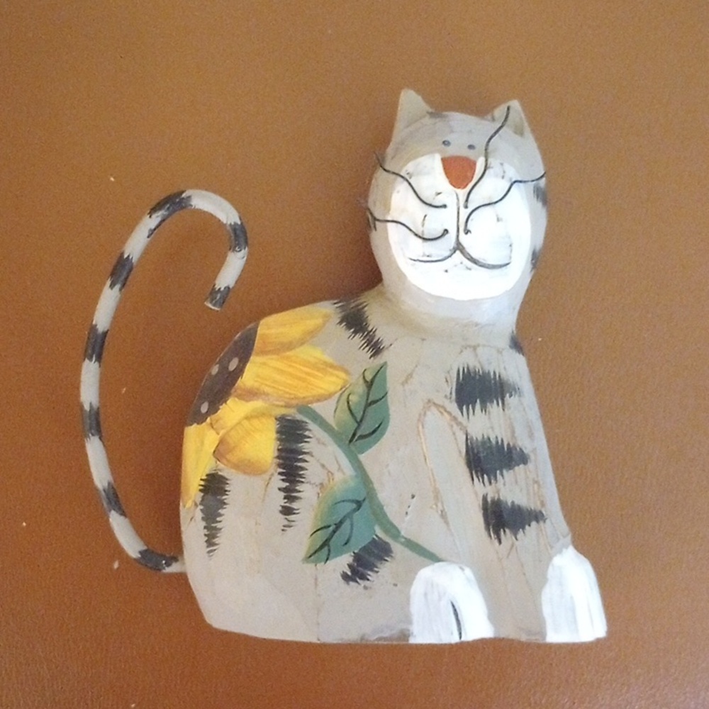 Painted Wooden Cat Decor w/ Metal Whiskers & Sunflower Design